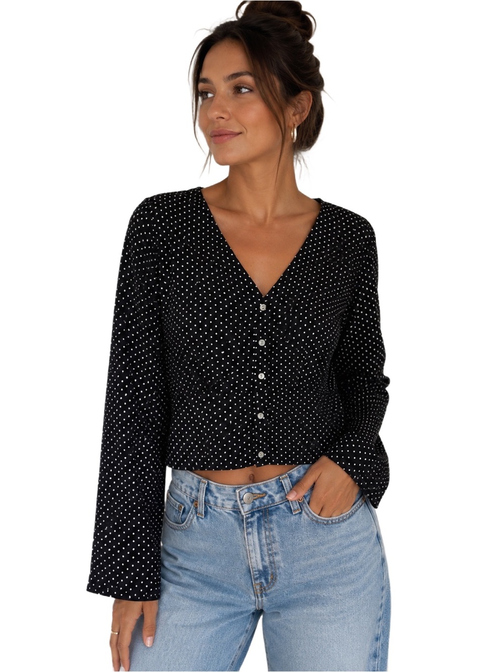 Madewell Black & White Polka Dot V-Neck Cropped Button Front Blouse Size Large